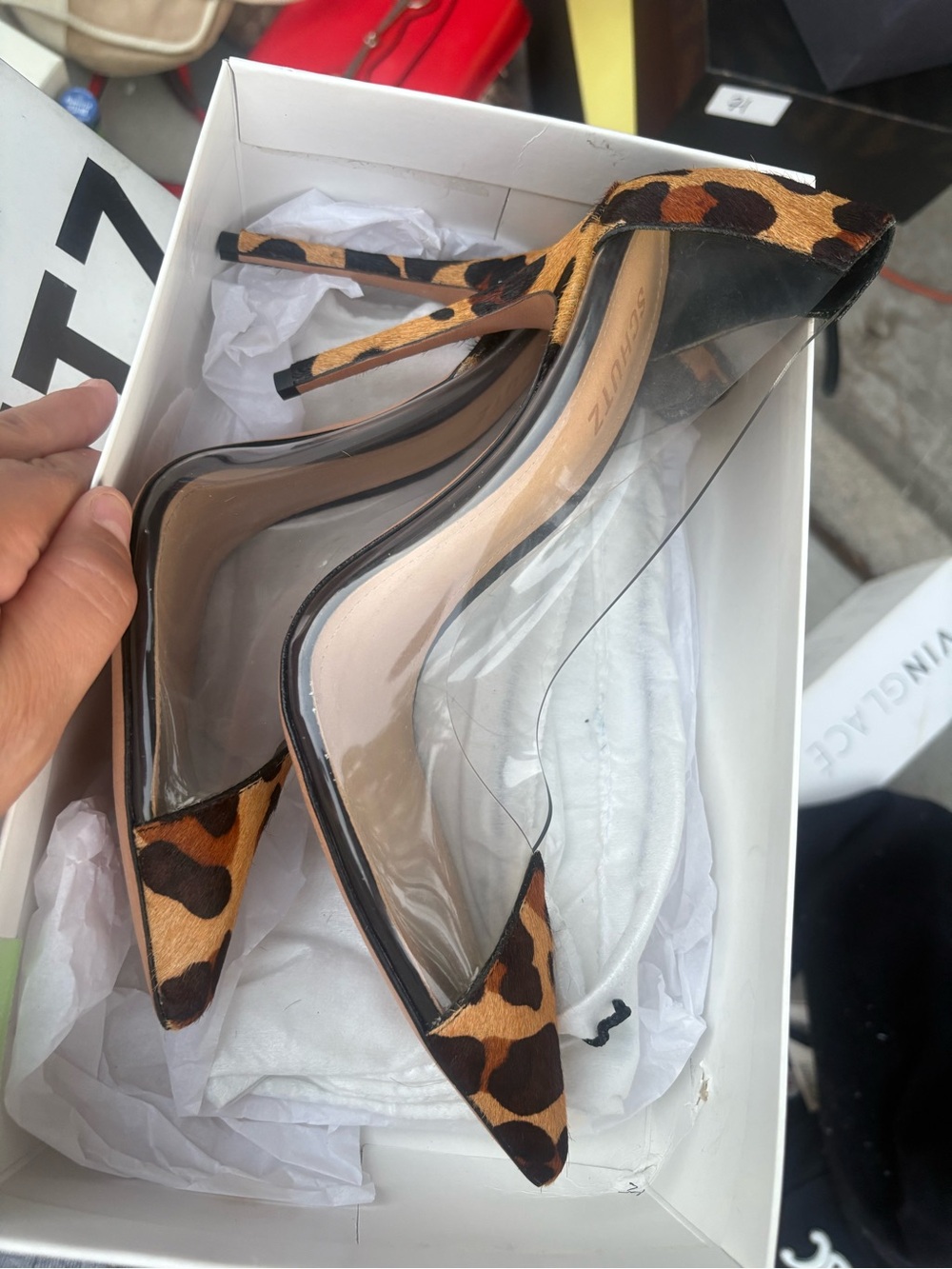 SCHUTZ Leopard-Print Pointed Toe Clear Panel animal hair heels - Picture 6 of 10
